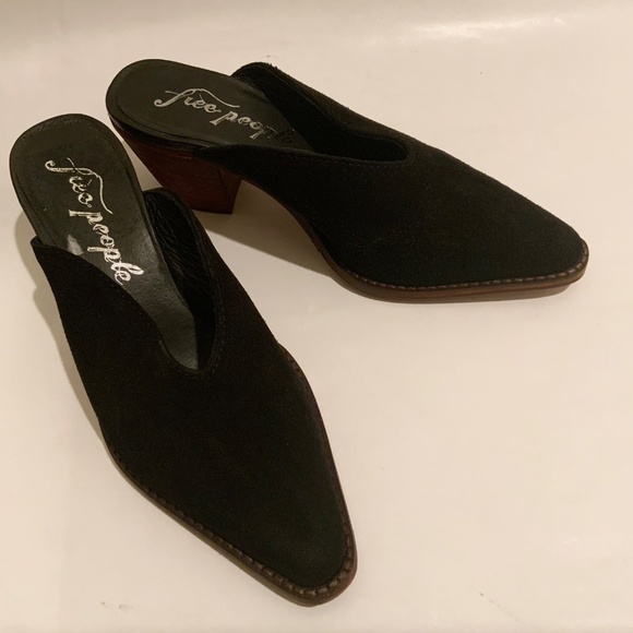 FREE PEOPLE Anya Black Suede Pointed Toe Western Chunky Heel Mules Cowboy Shoes - Picture 5 of 11